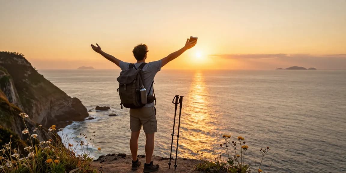 Traveler enjoying the sunset over the ocean with slot qris 5000 travel essentials nearby.