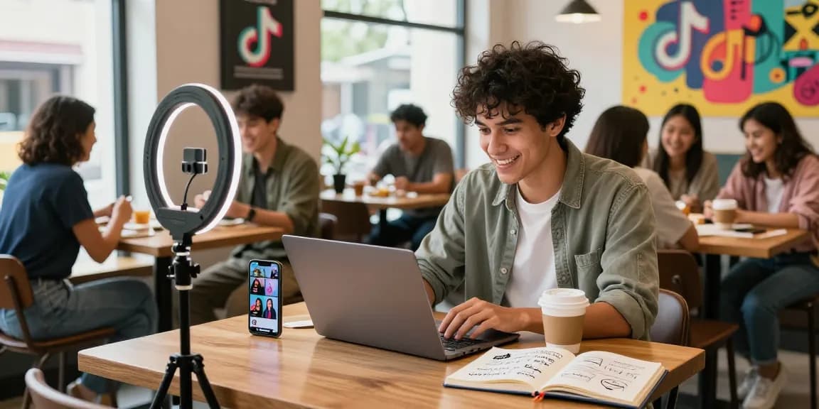 Buy cheap TikTok followers while brainstorming social media strategies in a trendy coffee shop.