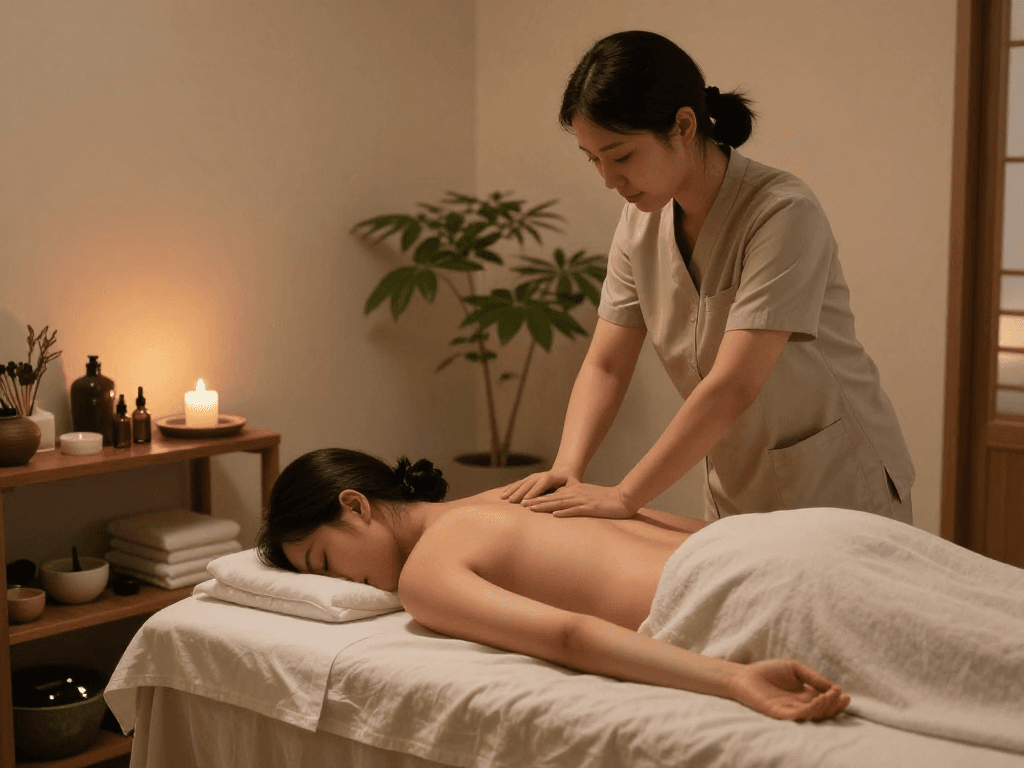 Experience the calming 남양주출장마사지 in a serene wellness therapy setting with soothing light and nature elements.