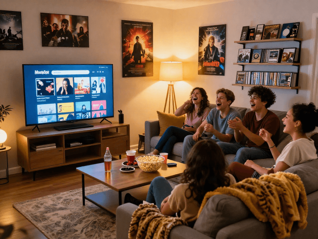 Friends watching movies using the Moviebox app in a cozy living room