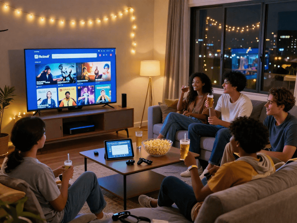 Friends enjoying a streaming night using Pikashow, lively living room ambiance.