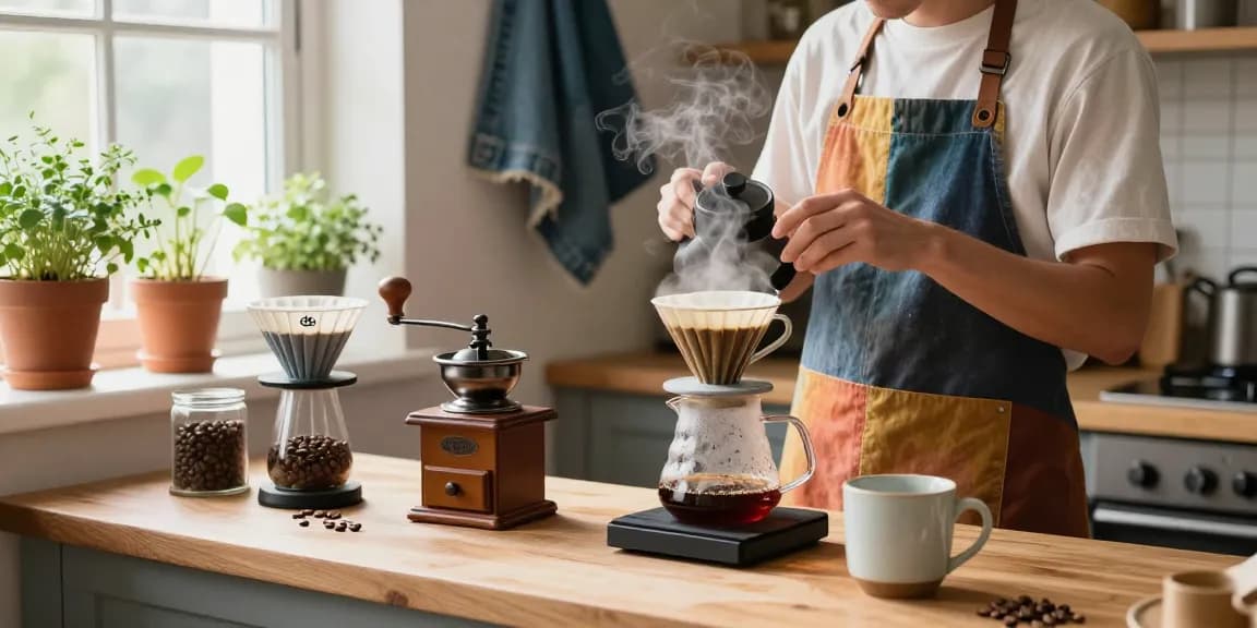 Brewing pour-over coffee with Ebb reusable filters at home, featuring sustainable denim aprons from www.ebbfilter.com.