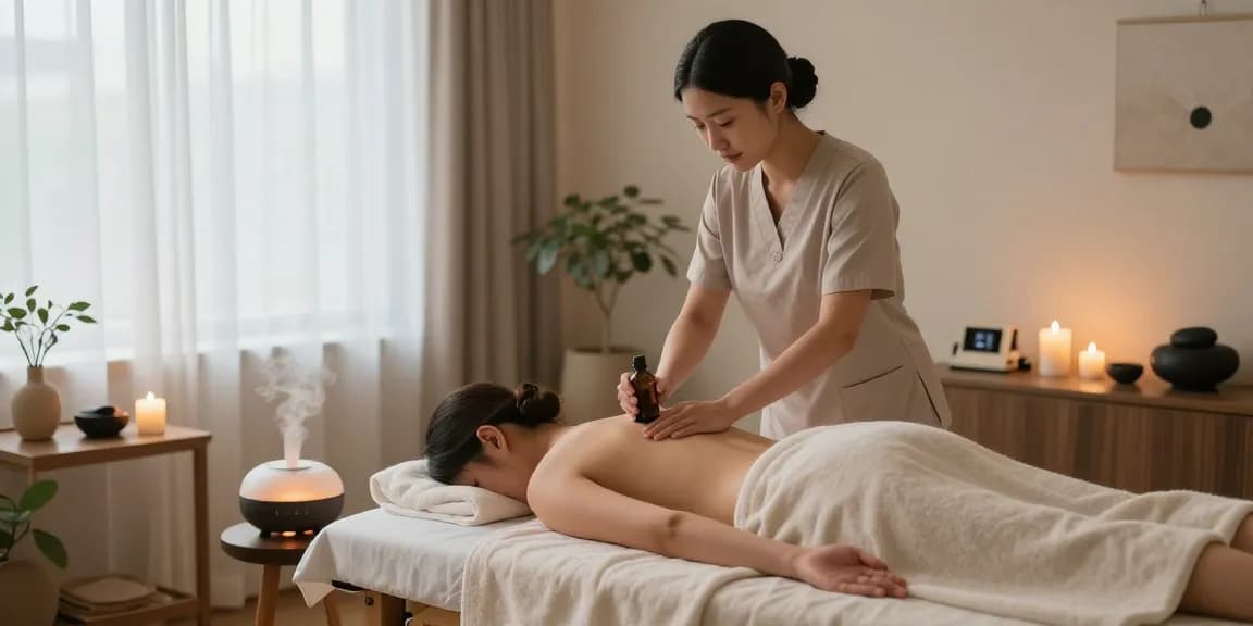 Relaxing 성북구출장마사지 session in a tranquil studio with essential oils and soothing ambiance.