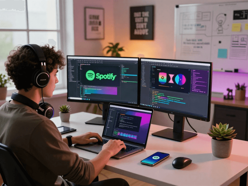 Youthful developer coding spotify mod apk interface at modern workspace