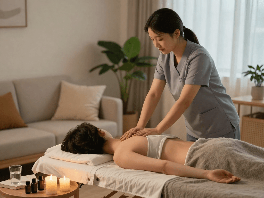 Relaxing 노원출장마사지 session in a cozy home environment with soothing ambiance.