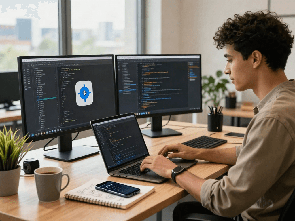 Developer coding using pikashow apk in a modern office workspace.