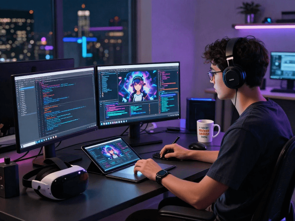 Character AI developer focused on NSFW character design in a futuristic workspace.