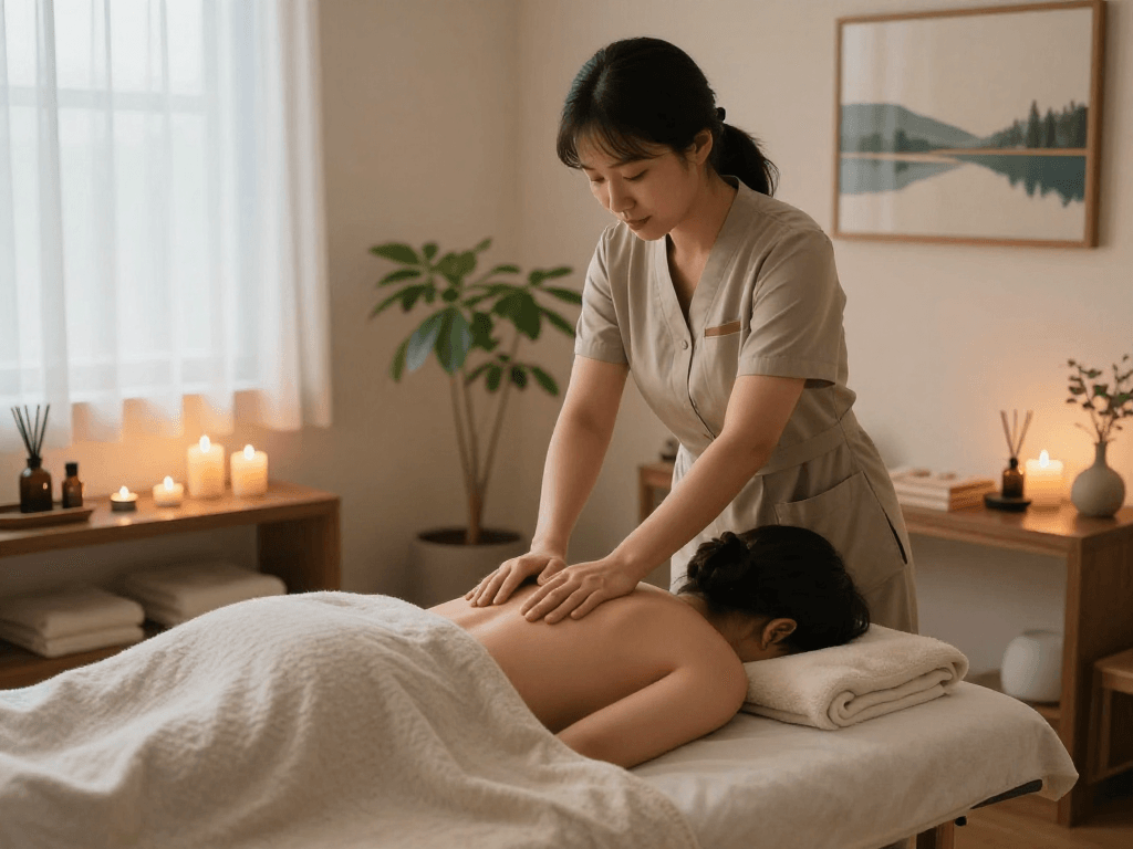 Experience soothing 김포출장마사지 therapy in a serene wellness room, featuring a professional masseuse and tranquil atmosphere.