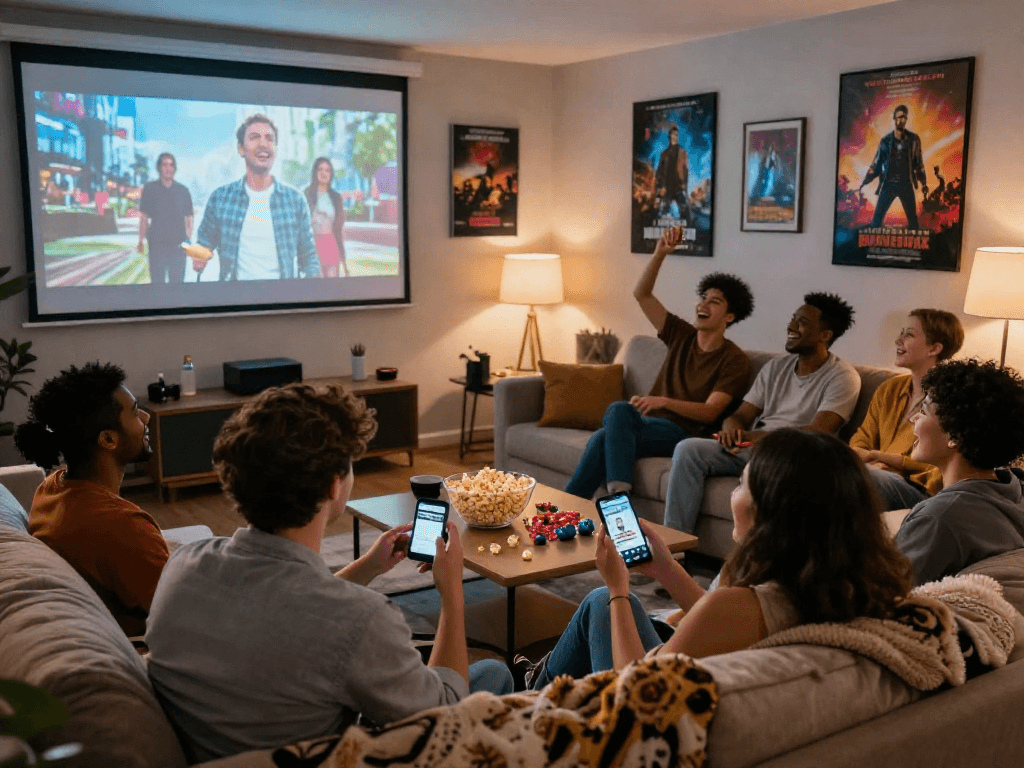 Enjoying movie night with friends through Moviebox app in cozy lounge