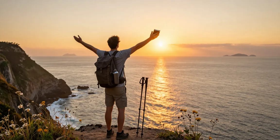 Traveler enjoying the sunset over the ocean with slot qris 5000 travel essentials nearby.