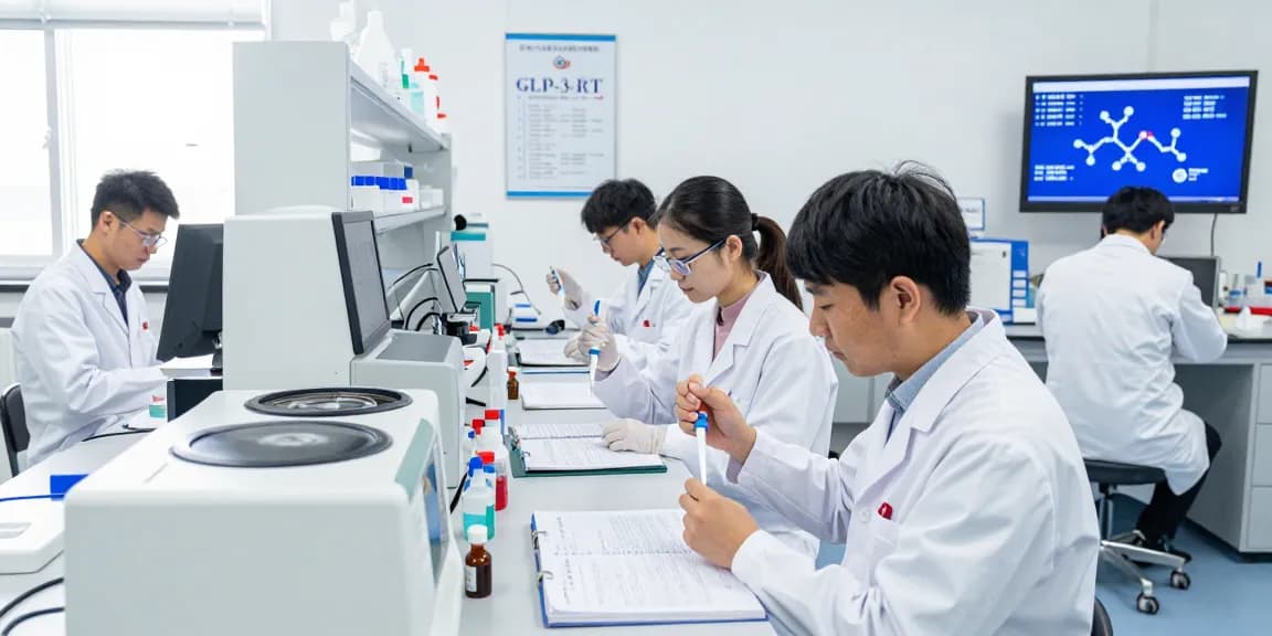 Scientists researching glp-3-rt in a high-tech laboratory environment.