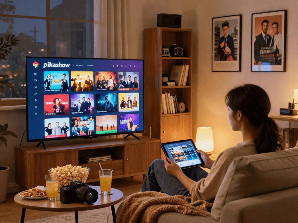Enjoying Pikashow streaming on a smart TV in a cozy living room setting.