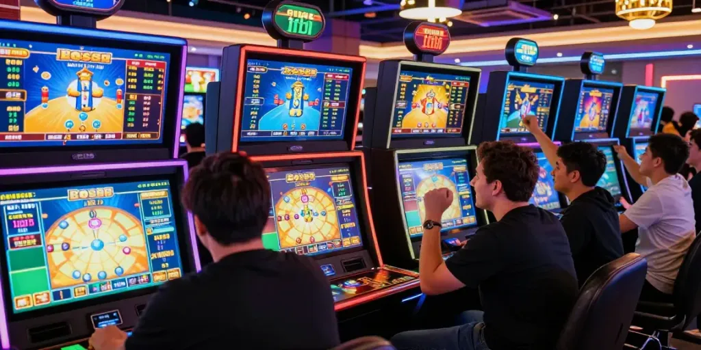 Exciting Bos88 gaming scene with players engaging with real-time analytics and vibrant energy.
