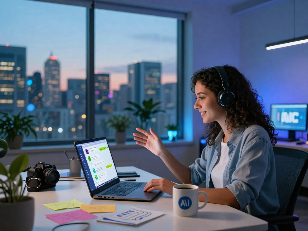 AI chat nsfw conversation in a modern tech workspace, showcasing vibrant chat interface and innovative atmosphere.