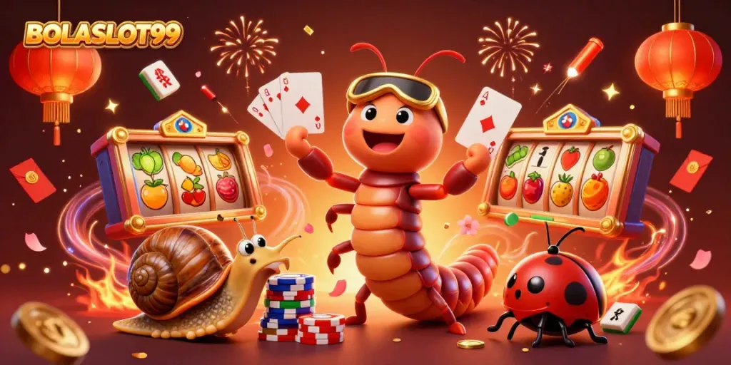 Watch BOLASLOT99 come alive with a vibrant 3D scene of a millipede dealer, high-roller snail, and excited pill bug.