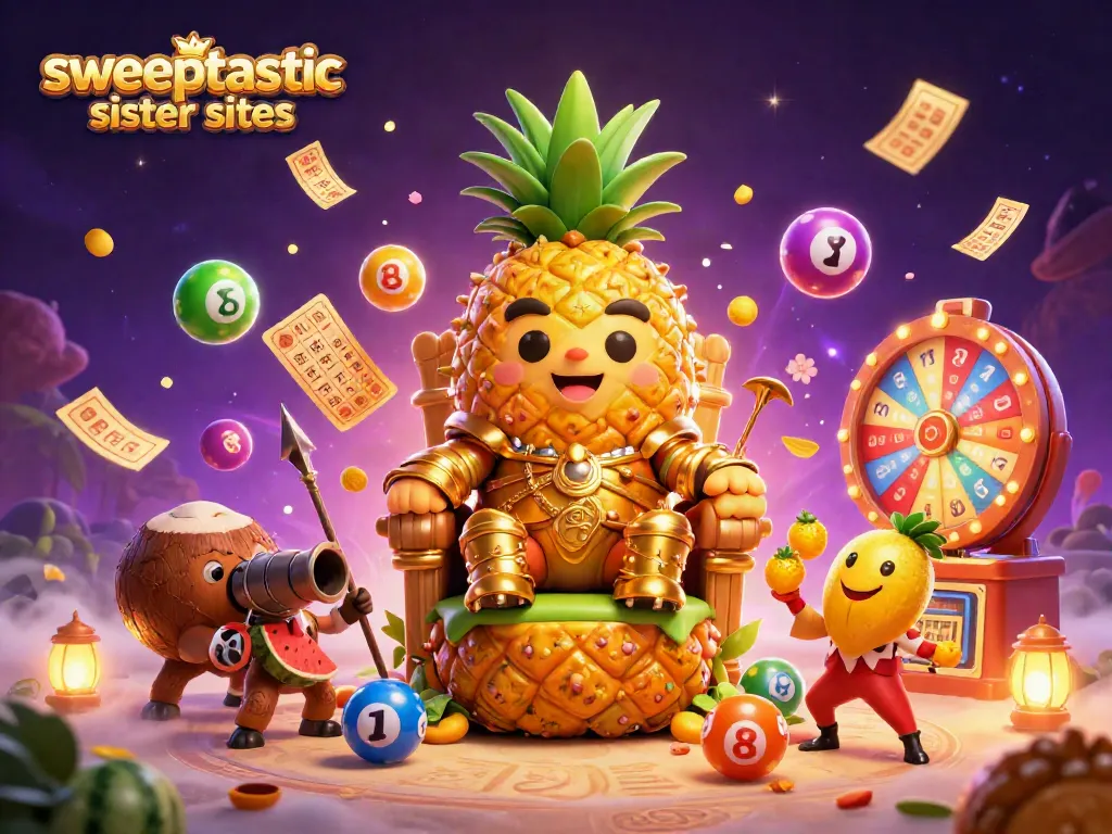 Sweepstakes action at Sweeptastic sister sites, featuring golden characters and dynamic game elements.