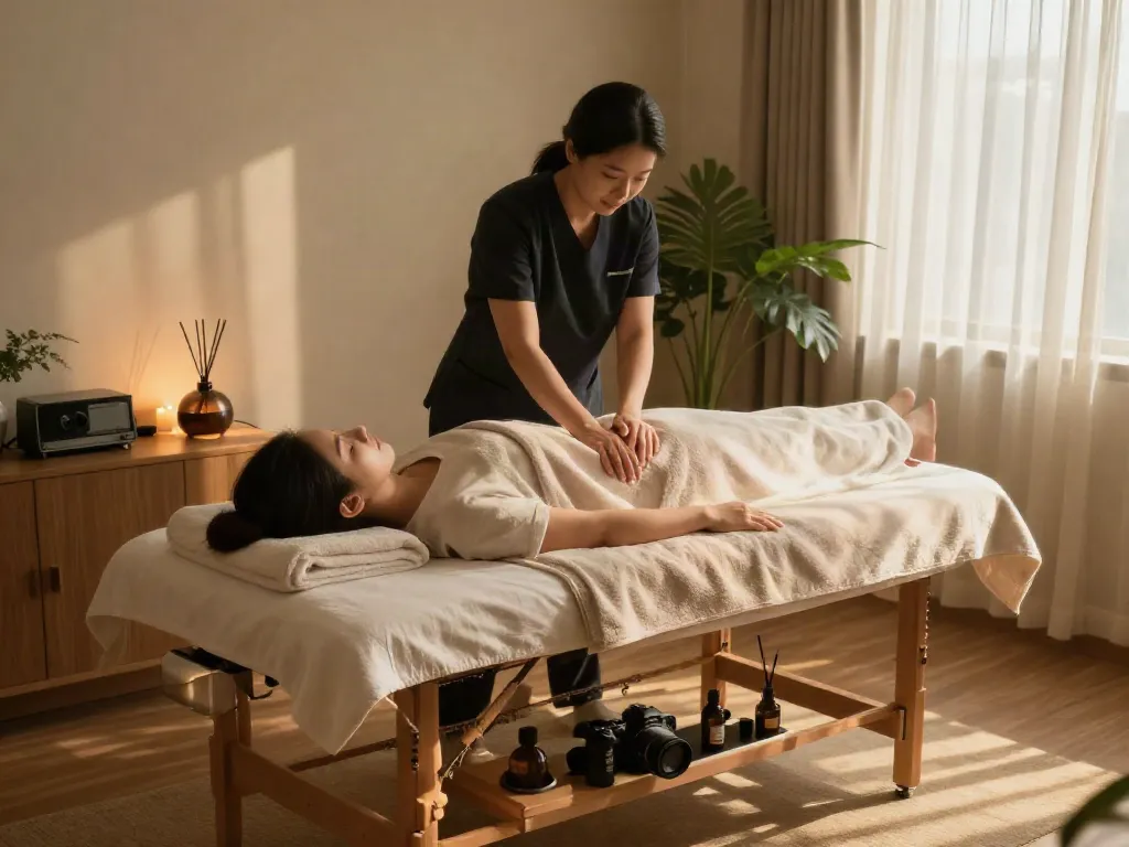 Enjoying 안양출장안마 service in a calming home spa environment, showcasing relaxation and wellness.