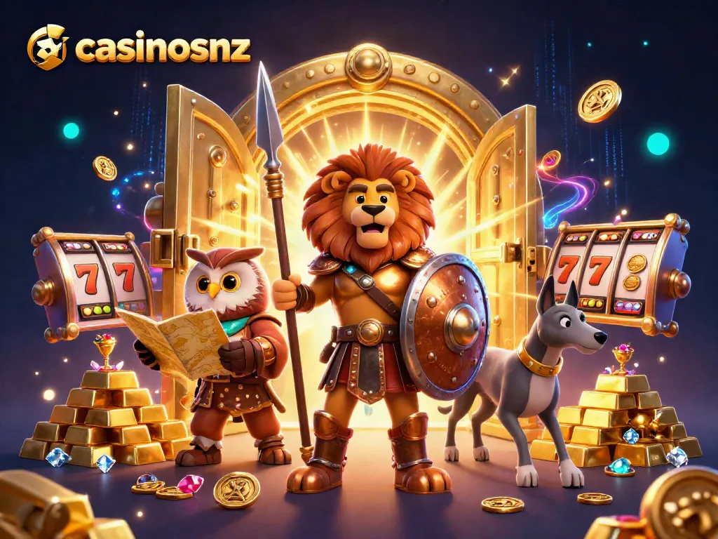 Engage with casinosnz through a vibrant illustration of a Spartan lion, tactical owl, and swift greyhound amidst casino treasures.