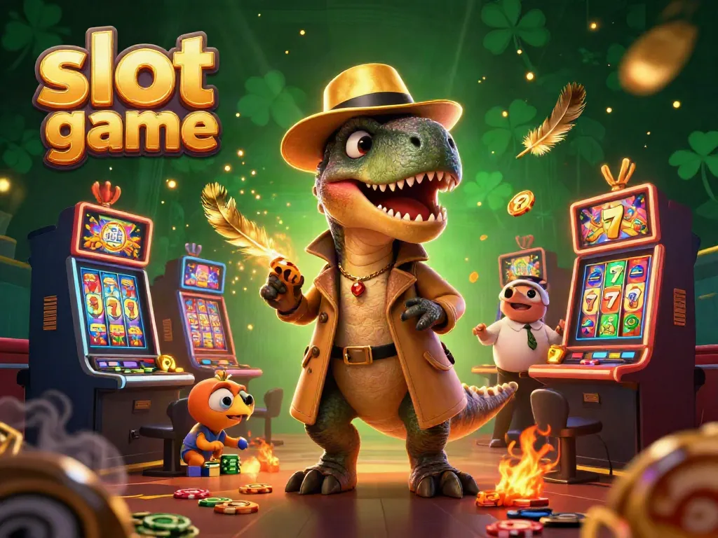 Menyaksikan slot game seru di kasino dengan dinosaurus yang mencurigakan dan pencuri kecil, menampilkan suasana yang penuh warna