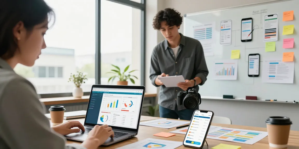 Buy app installs strategy meeting with metrics analysis in a vibrant co-working space.