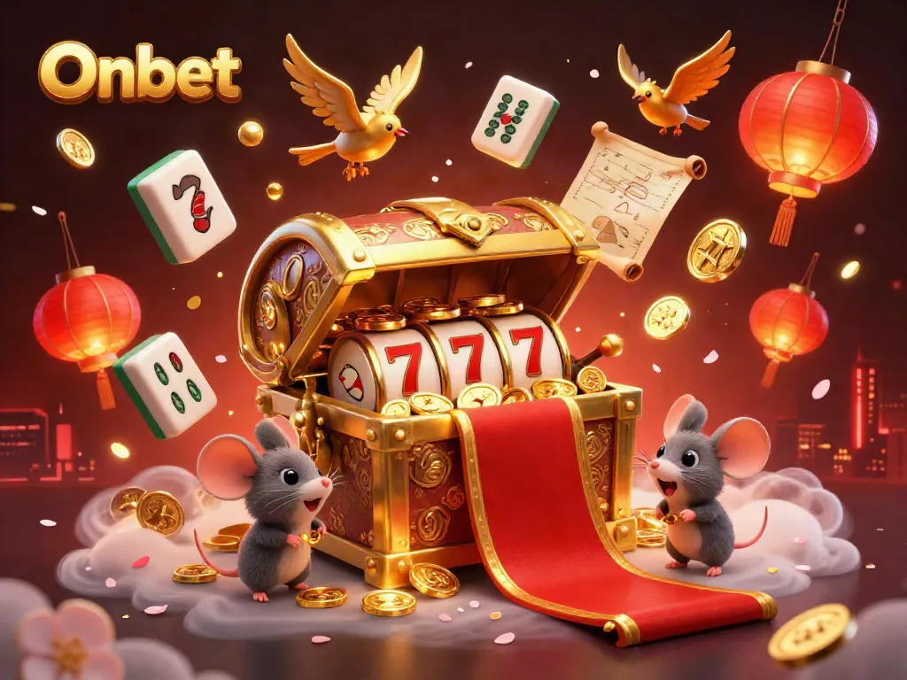 Experience jackpots at Onbet with a vibrant 3D scene of a treasure chest and gaming elements.