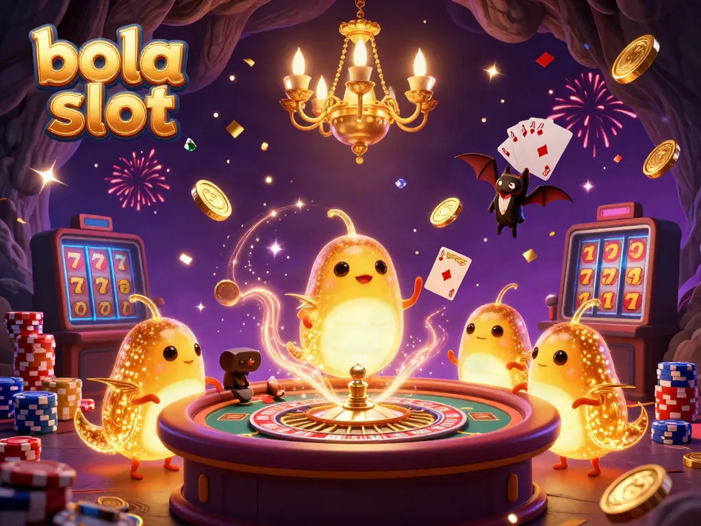 Bola slot theme with glowworms lighting a vibrant cave casino, featuring sparkling gems and golden coins.