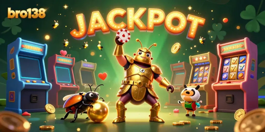 Experience the thrill of bro138 with a cartoon hercules beetle in victory, surrounded by slots and jackpot elements.