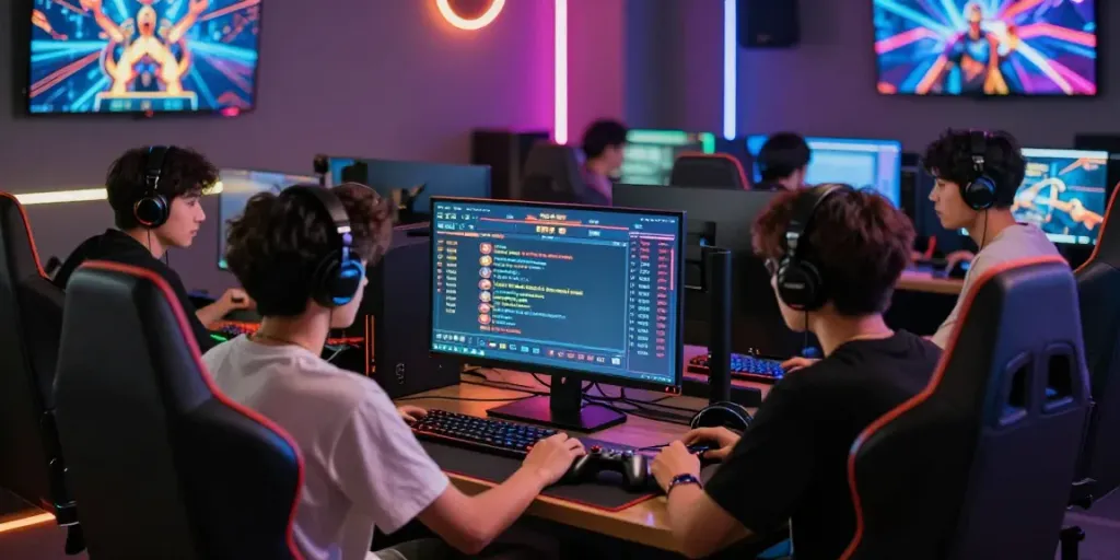 Vibrant gaming scene showcasing link alternatif proplay88 and RTP stats in a social lounge.