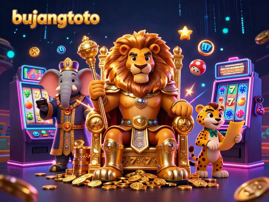Engage with bujangtoto slots featuring a majestic lion, an elephant advisor, and a cheetah messenger in a vibrant casino scene.