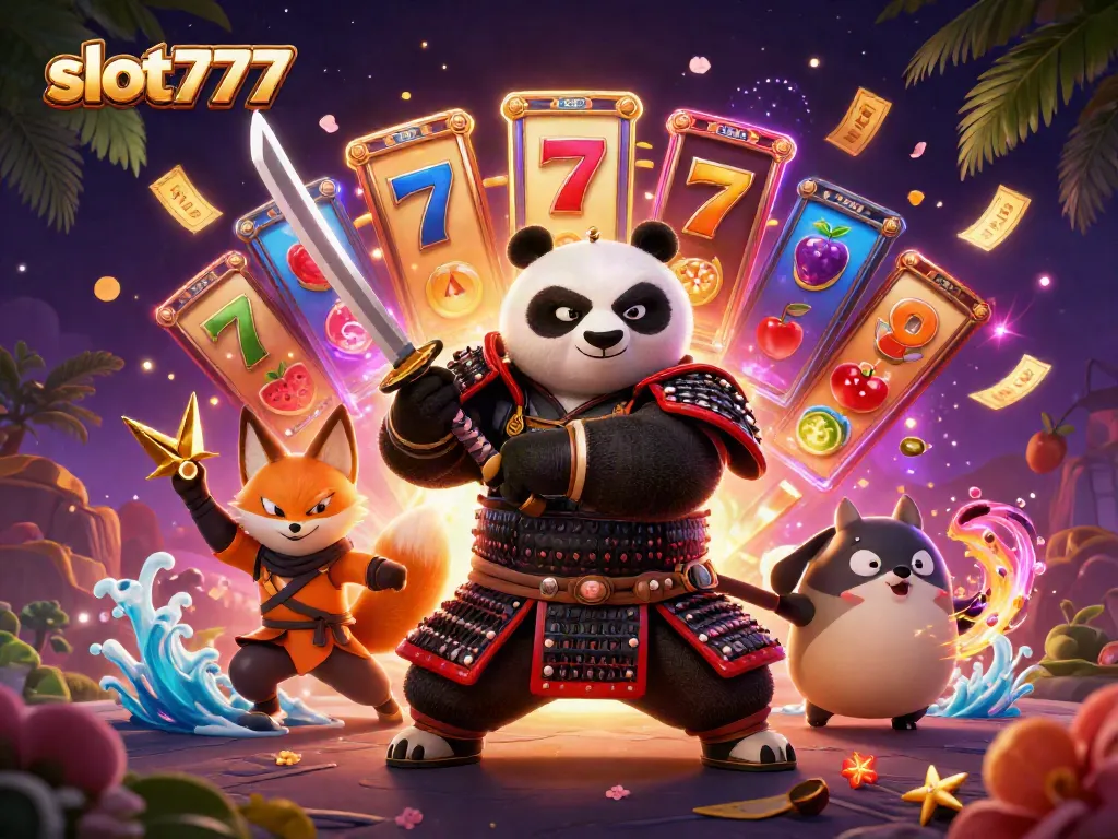 Play exciting slot777 games with a fierce samurai panda and vibrant symbols in a thrilling casino illustration