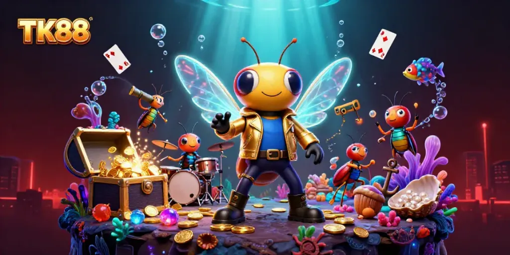 Experience the dynamic excitement of TK88 with a rock star cicada and colorful gamified elements.