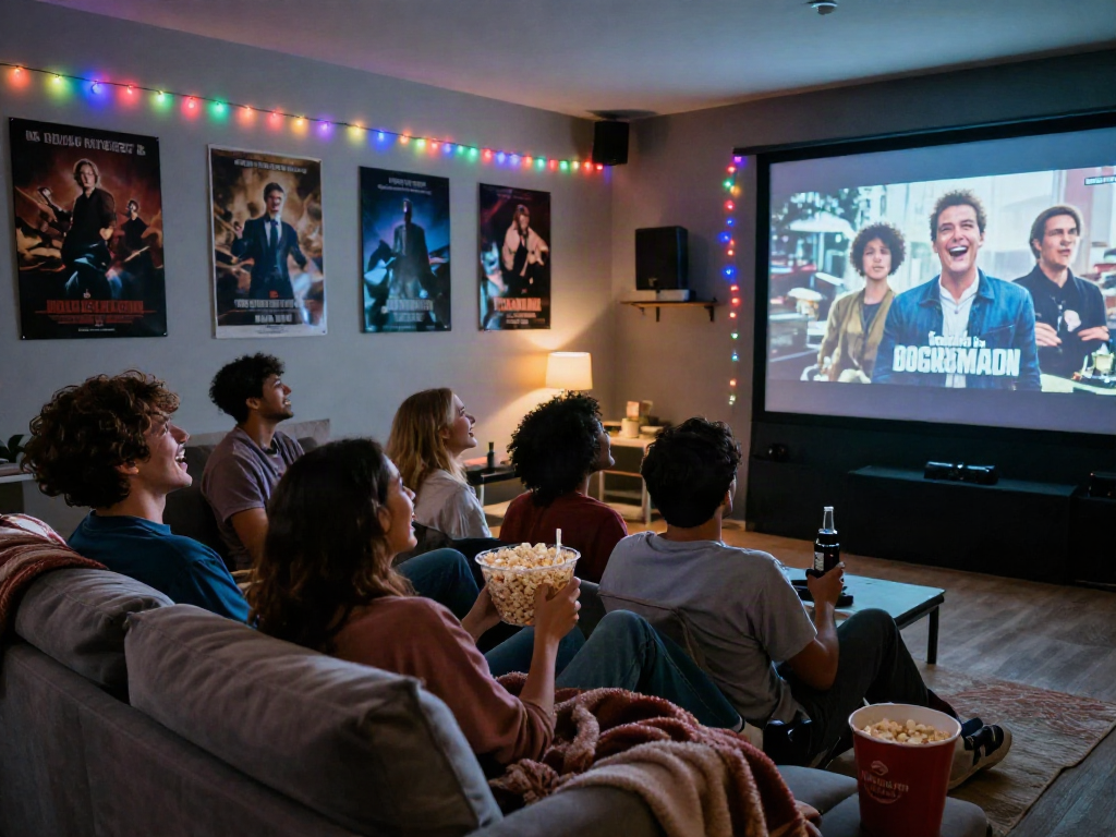 Enjoy movie night with friends in a cozy theater setting, featuring Moviebox.