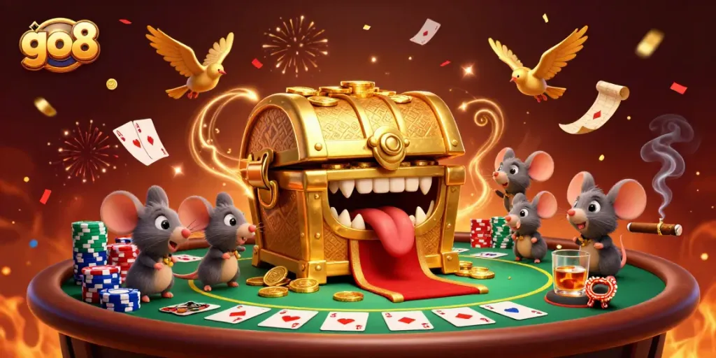 Engage with go8 as mice encounter a golden treasure chest amidst a vibrant casino scene.