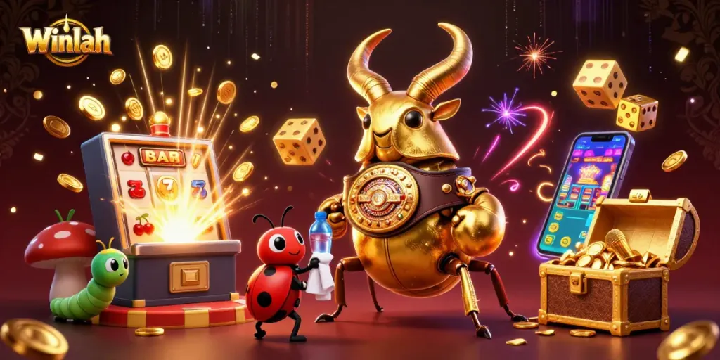 Winlah brings jackpot excitement with a golden stag beetle in a vibrant casino scene.