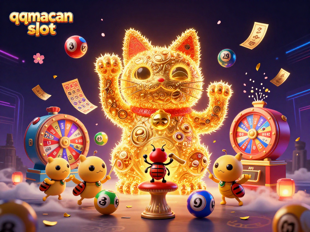 Experience vibrant gaming dynamics with qqmacan slot in a colorful, immersive 3D casino illustration.
