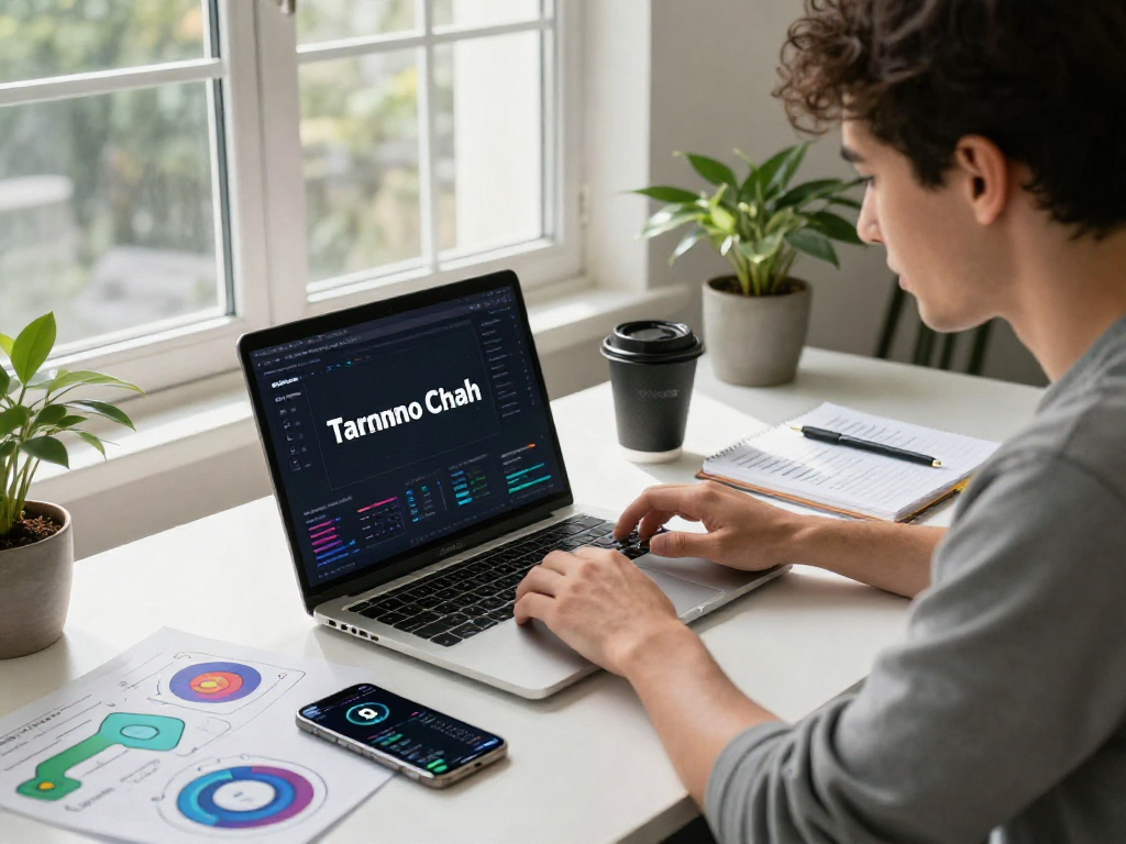 Engaged user exploring tornardocash in a modern home office with blockchain visuals and tech ambiance.
