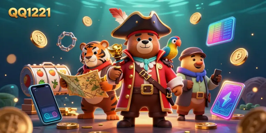 Engage with QQ1221's vibrant 3D casino scene featuring a pirate bear and lucky symbols.