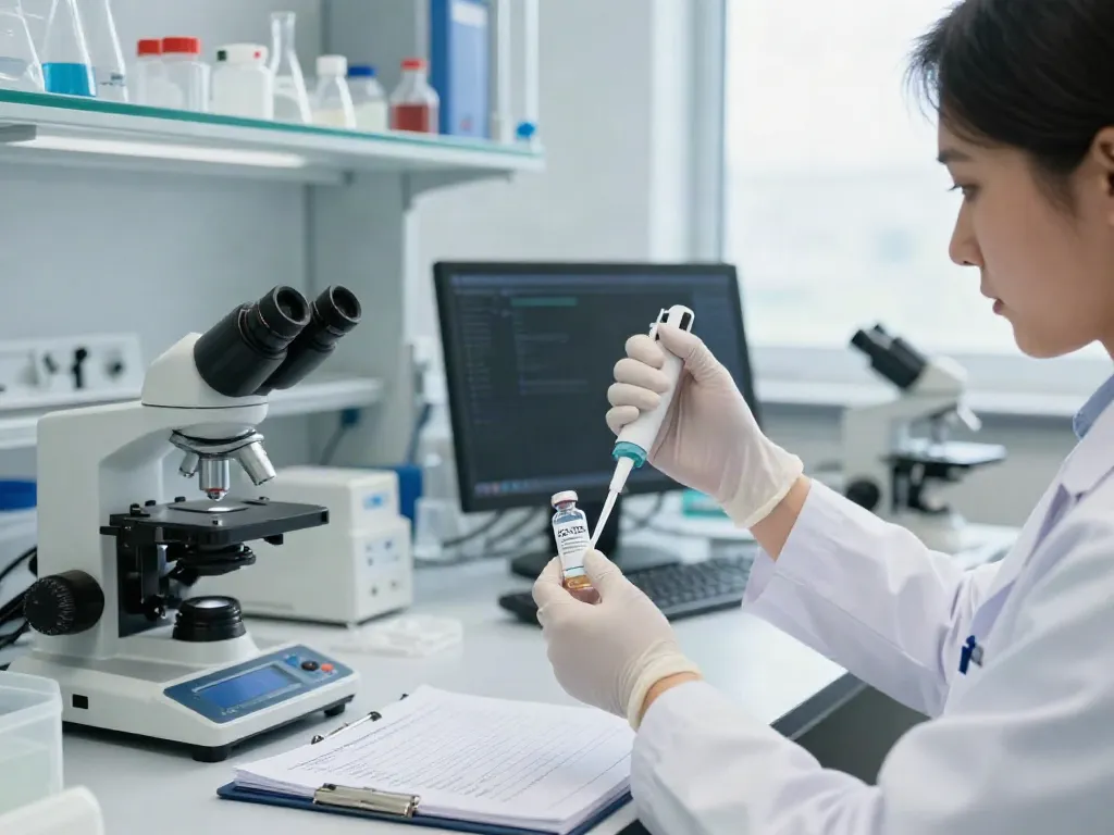 Scientist measuring CJC IPA peptide blend in a modern lab.