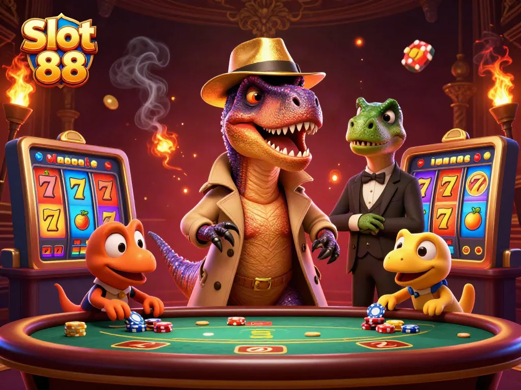 Slot 88's thrilling slot game scene featuring a velociraptor card counter at a buzzing casino.