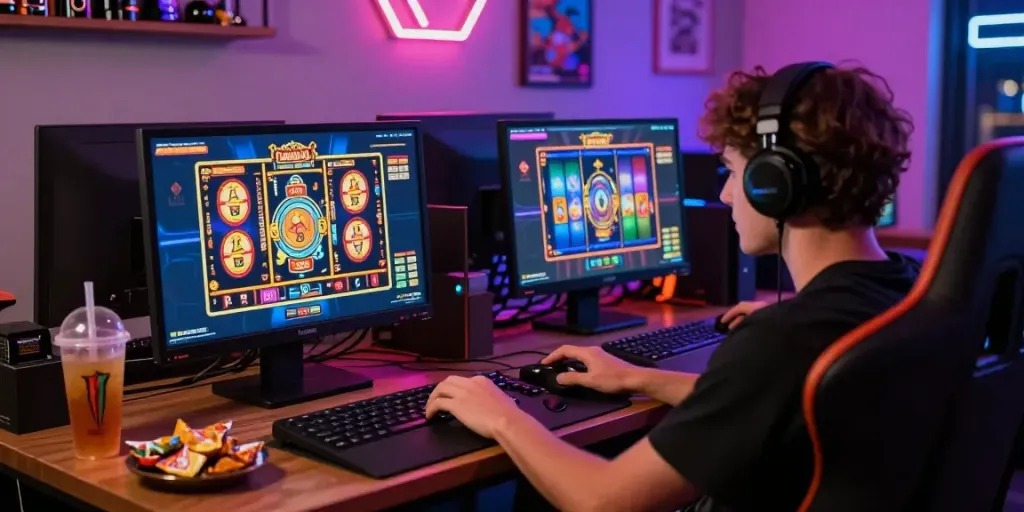 Engaging online slot gaming scene showcasing vibrant gameplay on a laptop with energetic atmosphere.