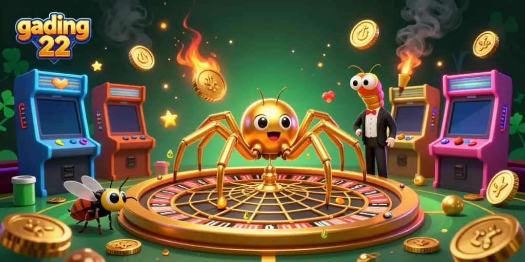 Engaging scene with a golden spider and centipede croupier at gading 22 casino, showcasing dynamic gambling elements.