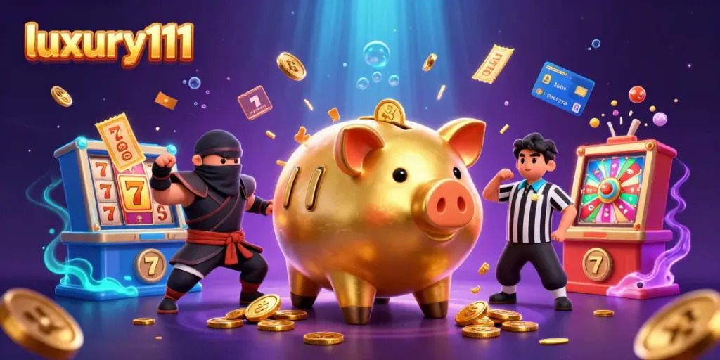 Experience thrilling wins with luxury111's vibrant gaming scene featuring lively characters and colorful slot elements.