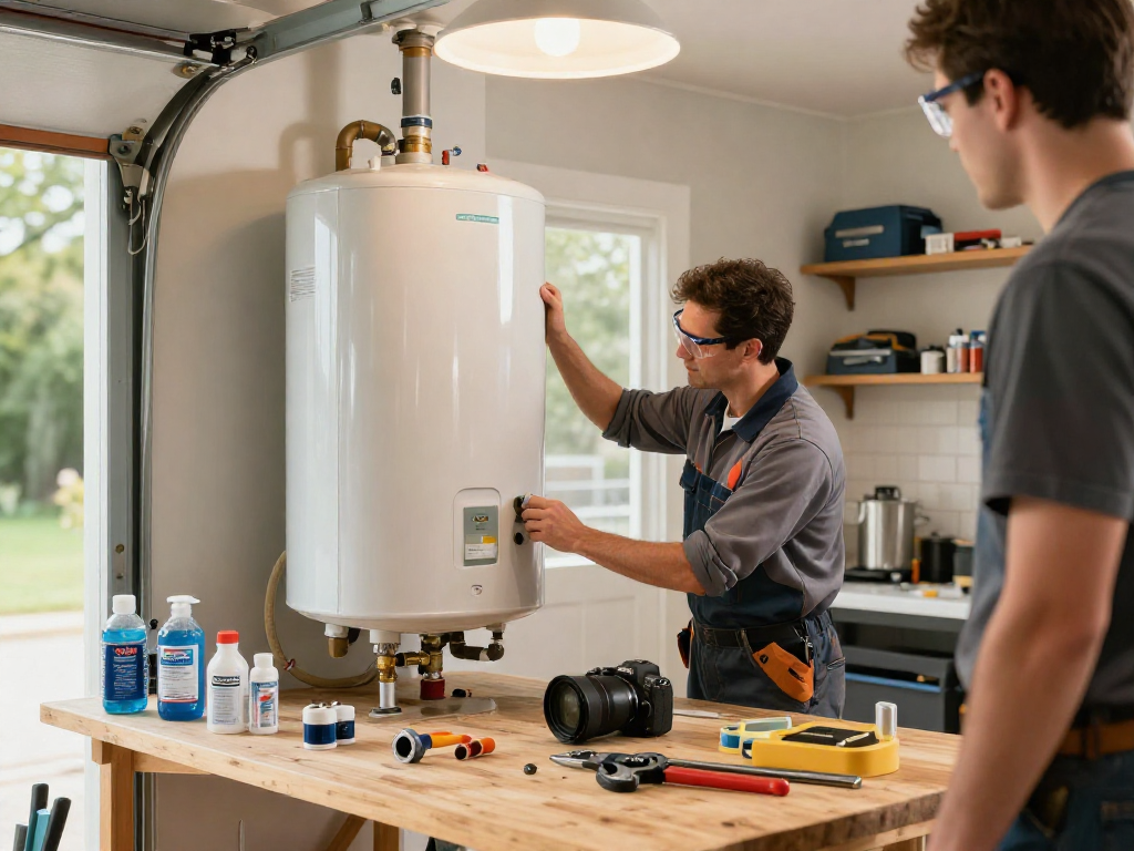 Water heater replacement Fort Worth technician installing a new energy-efficient unit in a residential garage.