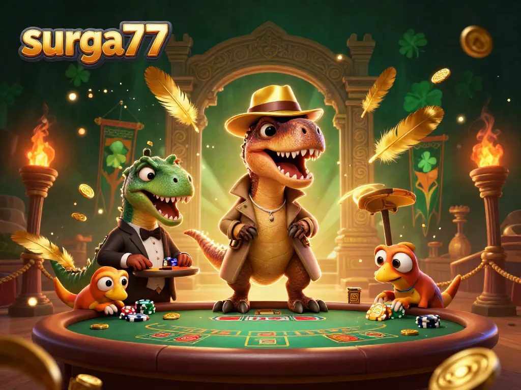 Experience gaming excitement at Surga777 with a velociraptor card counter and casino atmosphere.