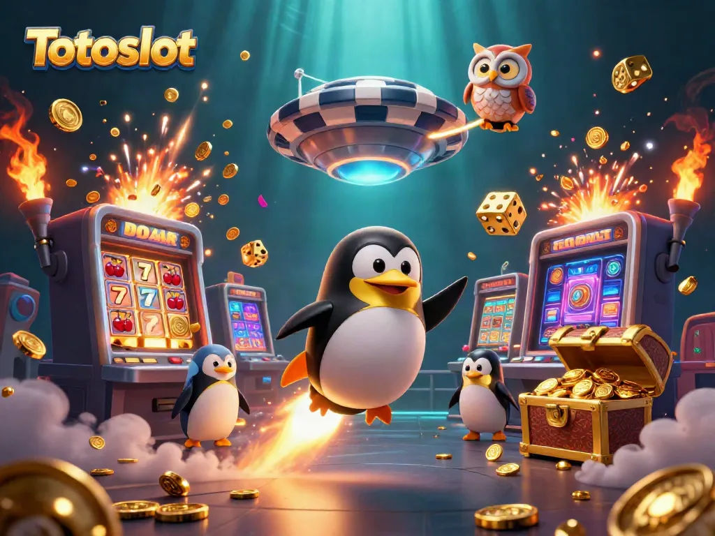 Gambarkan keseruan Totoslot dengan penguin emas yang terbang di ruang angkasa, jackpot melimpah dan simbol keberuntungan.