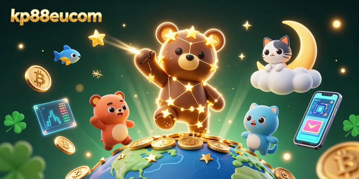 Win big at kp88eucom with a vibrant illustration of a constellation bear and crypto coins.