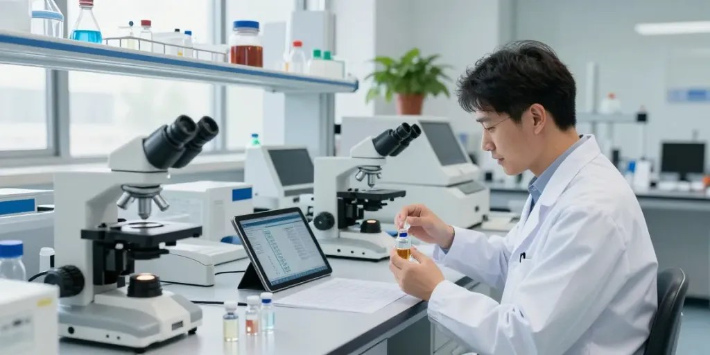 Scientist examining peptide samples in a modern lab setting