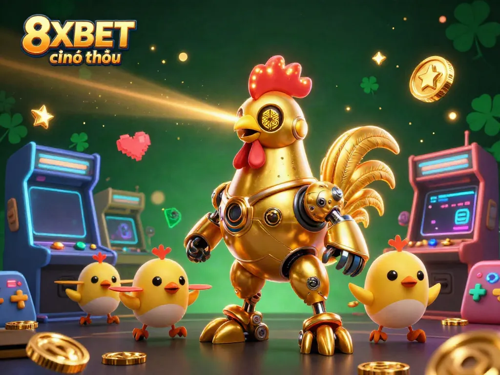 Experience exciting gaming with 8XBET chính thức featuring a golden rooster robot and baby chick drones.