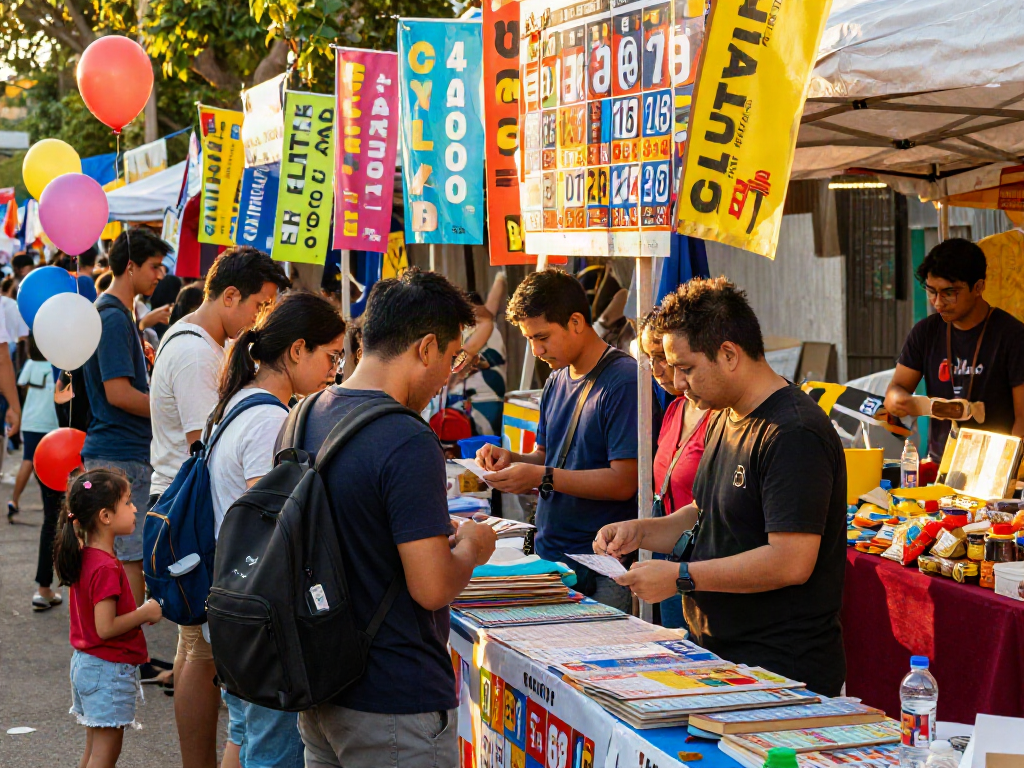 Participants eagerly buying Toto 4D tickets at a community fair, celebrating the thrill of lottery.