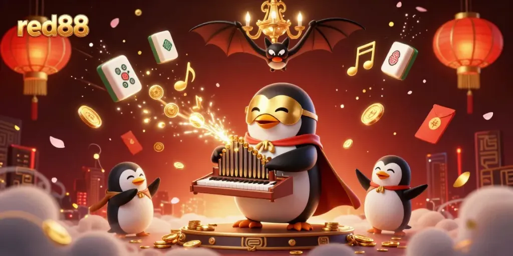 Experience the excitement of red88 casino with a whimsical 3D scene featuring a penguin and golden coins.